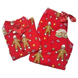 Nick & Nora Red Flannel Christmas Gingerbread Sock Monkey Pajama Set, Large